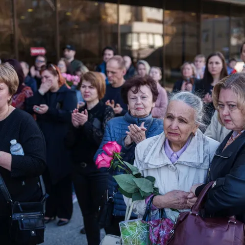 The mother of Olena Kohut, who was killed in the deadly Russian attack on Sumy, during a farewell ceremony