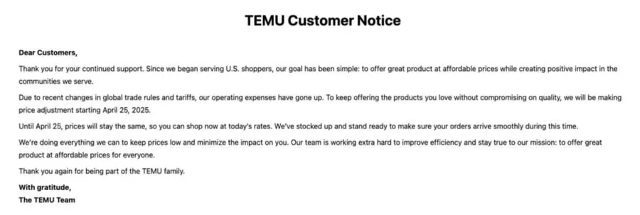 Temu Customer Notice
